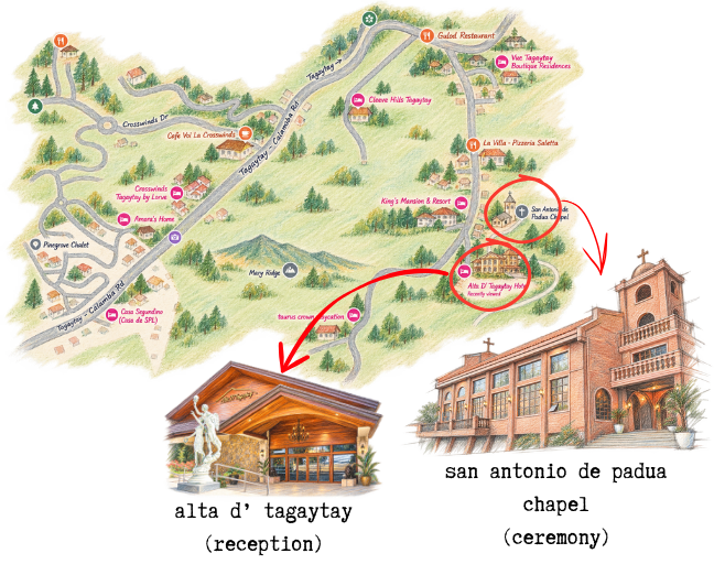 Venue map with directions to Alta D' Tagaytay and San Antonio de Padua Chapel - tap for directions