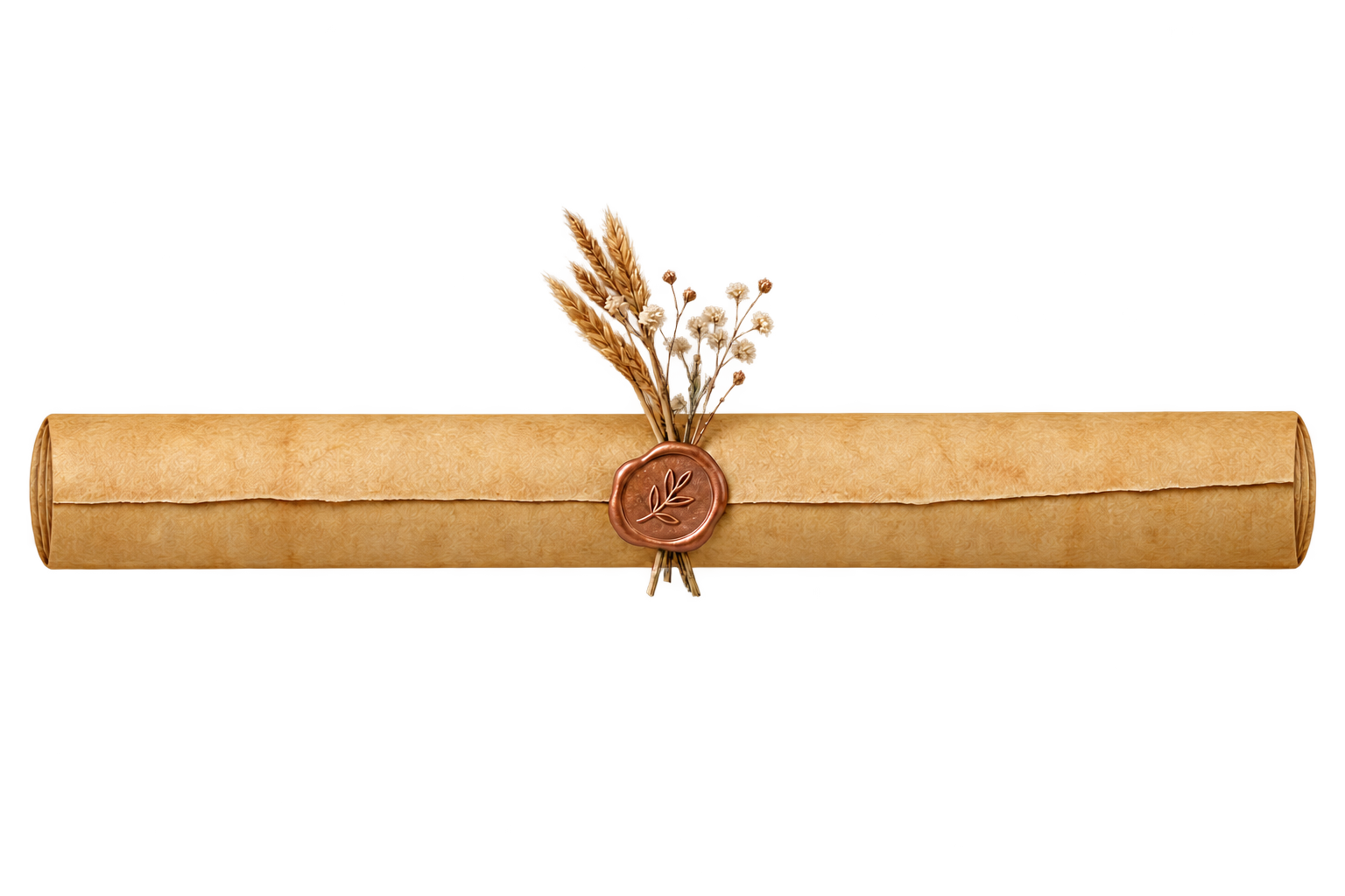 Rolled invitation paper sealed with wax and dried flowers